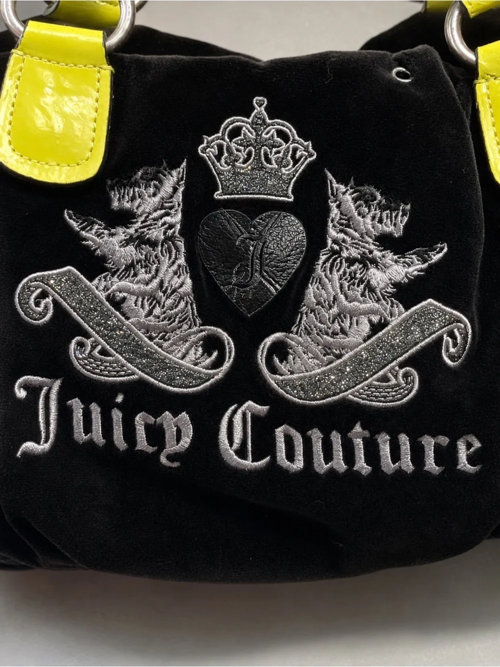 Vintage Y2K Juicy Couture Black Velour Hobo Bag Neon Yellow Scottie Crown Logo